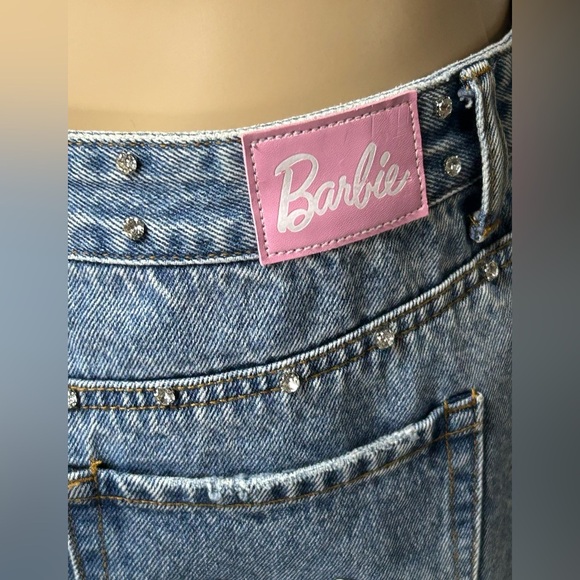 Barbie X Forever21 Rhinestone Distressed Stonewash Denim Mini Skirt Logo Women M - Picture 5 of 11